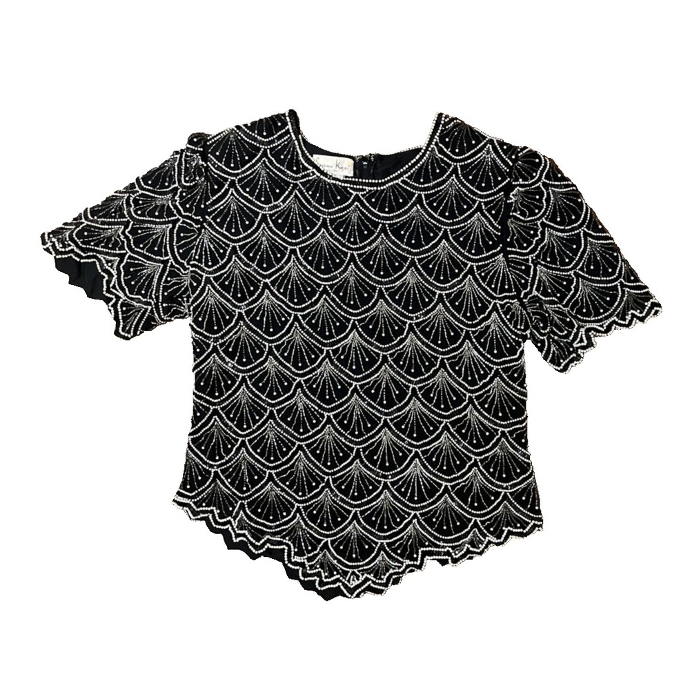 Laurence Kazar Silk Beaded Evening Top S/S Black & White Womens Size 1X